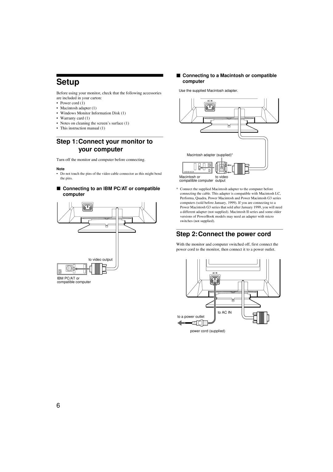 Sony CPD-G200 manual Setup, Connect your monitor to your computer, Connect the power cord 