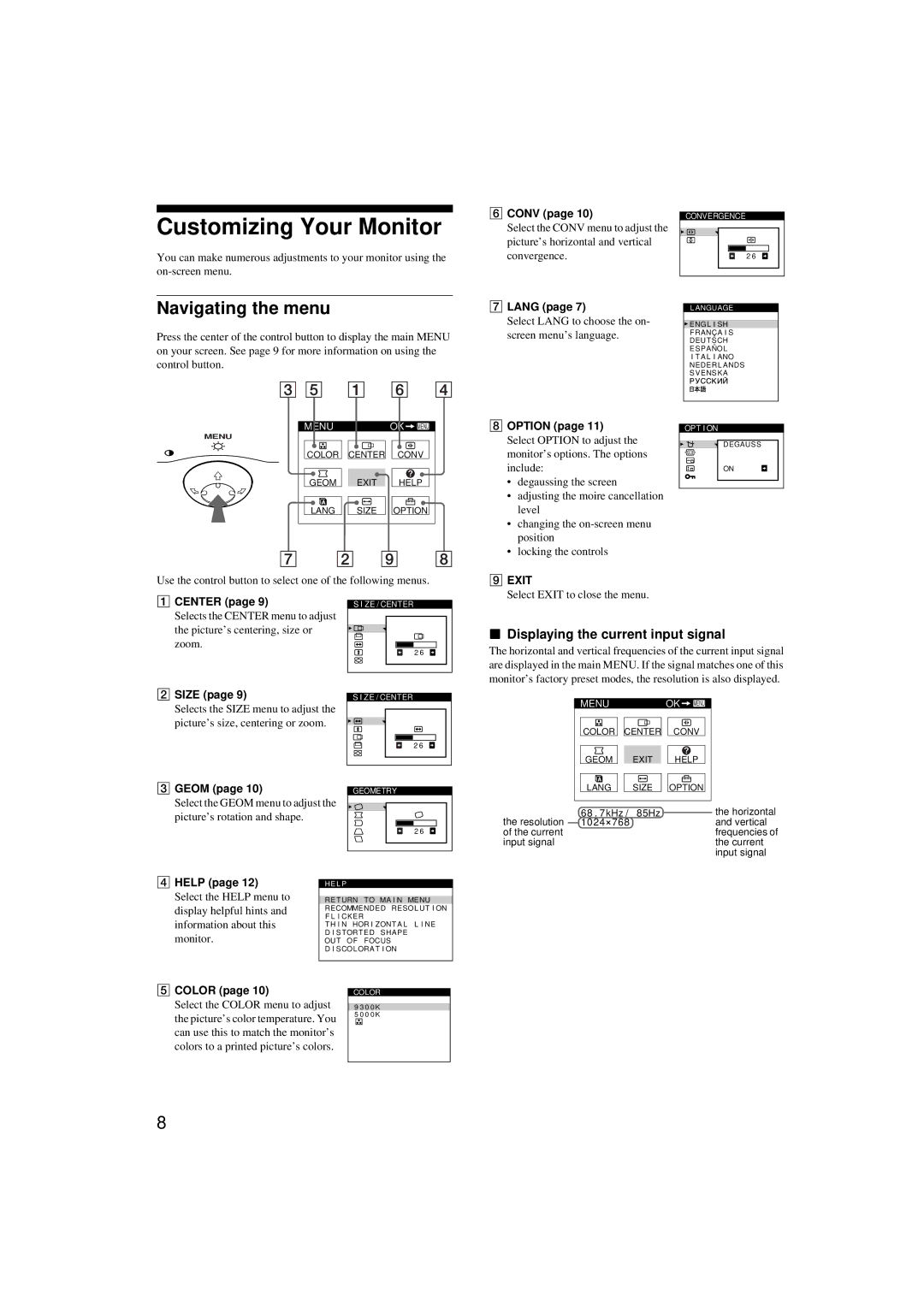 Sony CPD-G200 manual Customizing Your Monitor, Navigating the menu, Displaying the current input signal 