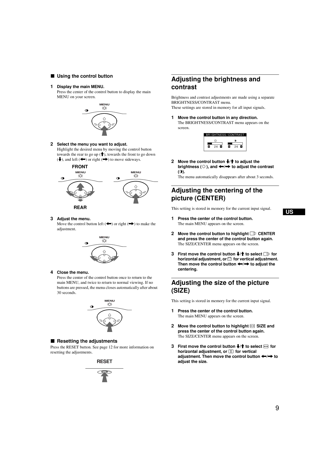 Sony CPD-G200 manual Adjusting the brightness and contrast, Adjusting the centering of the picture Center 