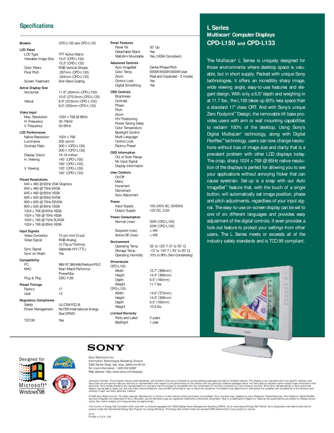 Sony manual CPD-L150 and CPD-L133 