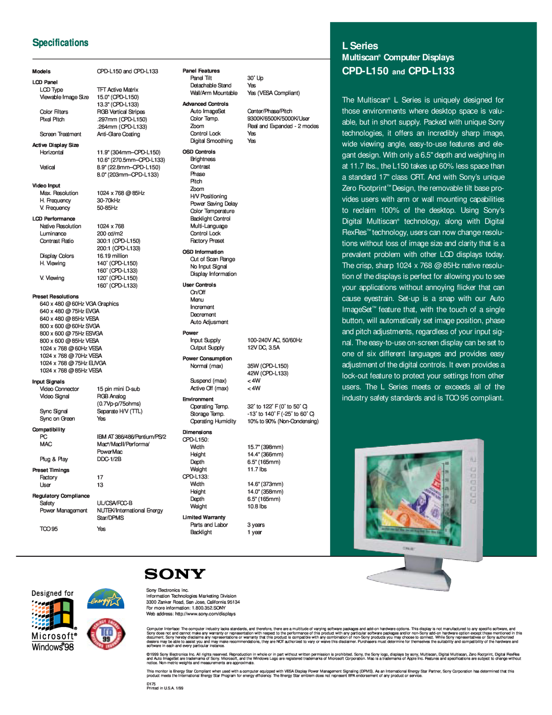 Sony manual CPD-L150 and CPD-L133, Specifications, L Series, Multiscan Computer Displays 