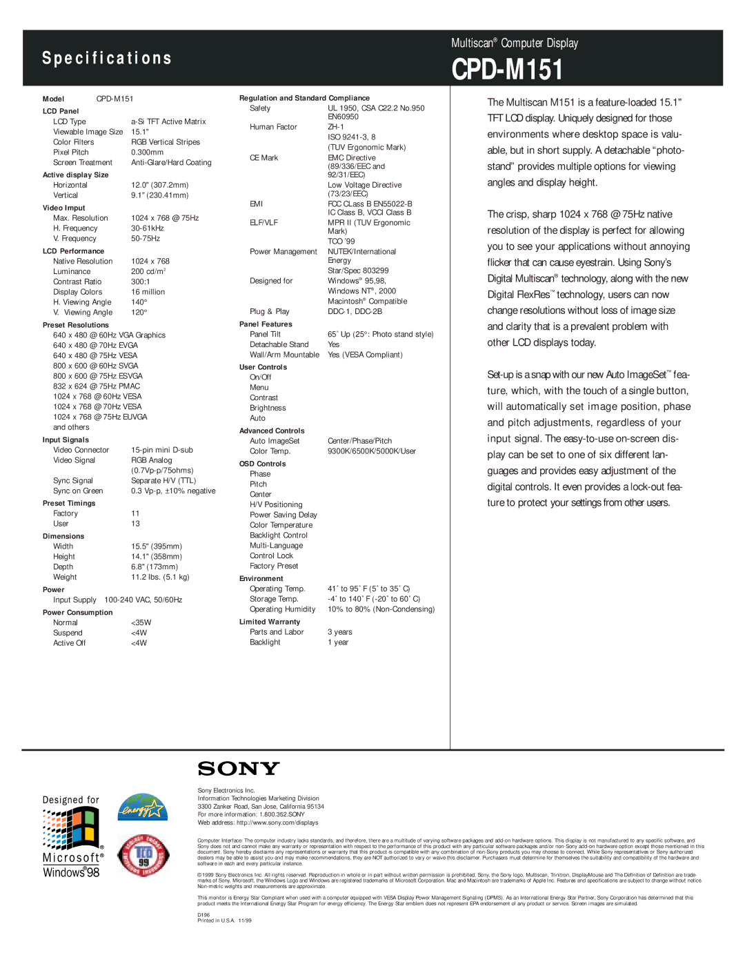 Sony CPD-M151 manual Model, LCD Panel, Active display Size, Video Imput, LCD Performance, Preset Resolutions, Input Signals 