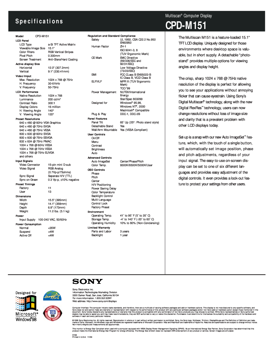 Sony CPD-M151 manual S p e c i f i c a t i o n s, Multiscan Computer Display 