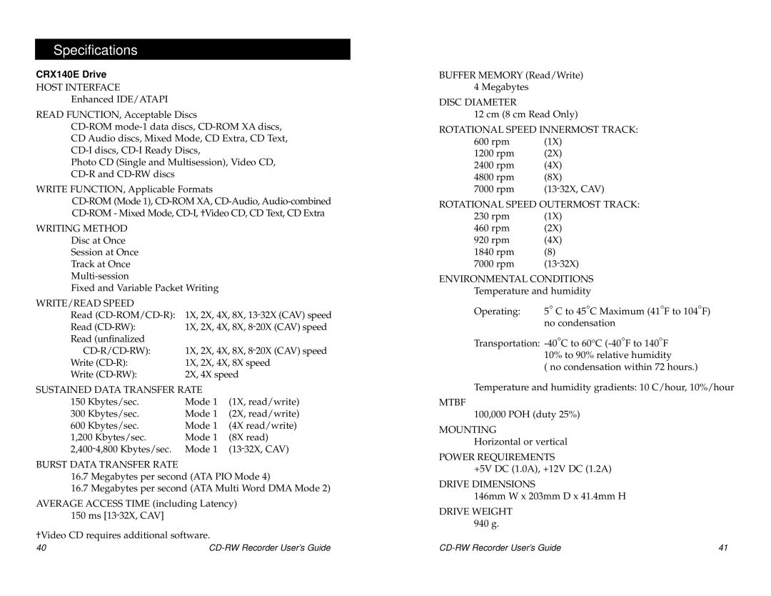 Sony CRX0811 manual Specifications, CRX140E Drive 