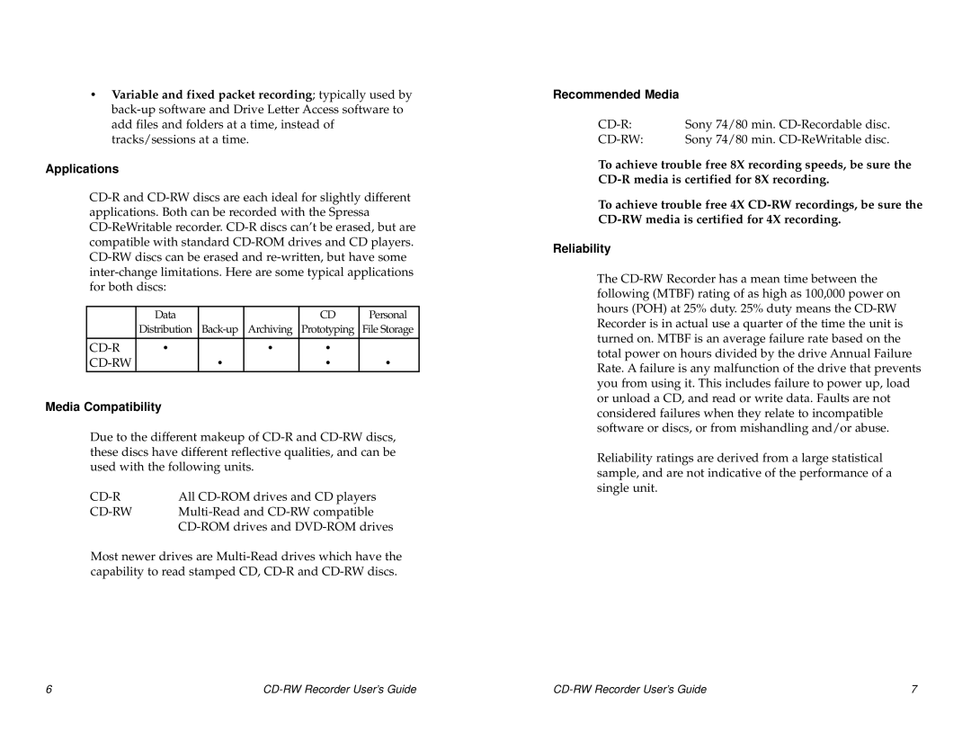 Sony CRX140E, CRX0811 manual Applications, Media Compatibility, Recommended Media, Reliability 