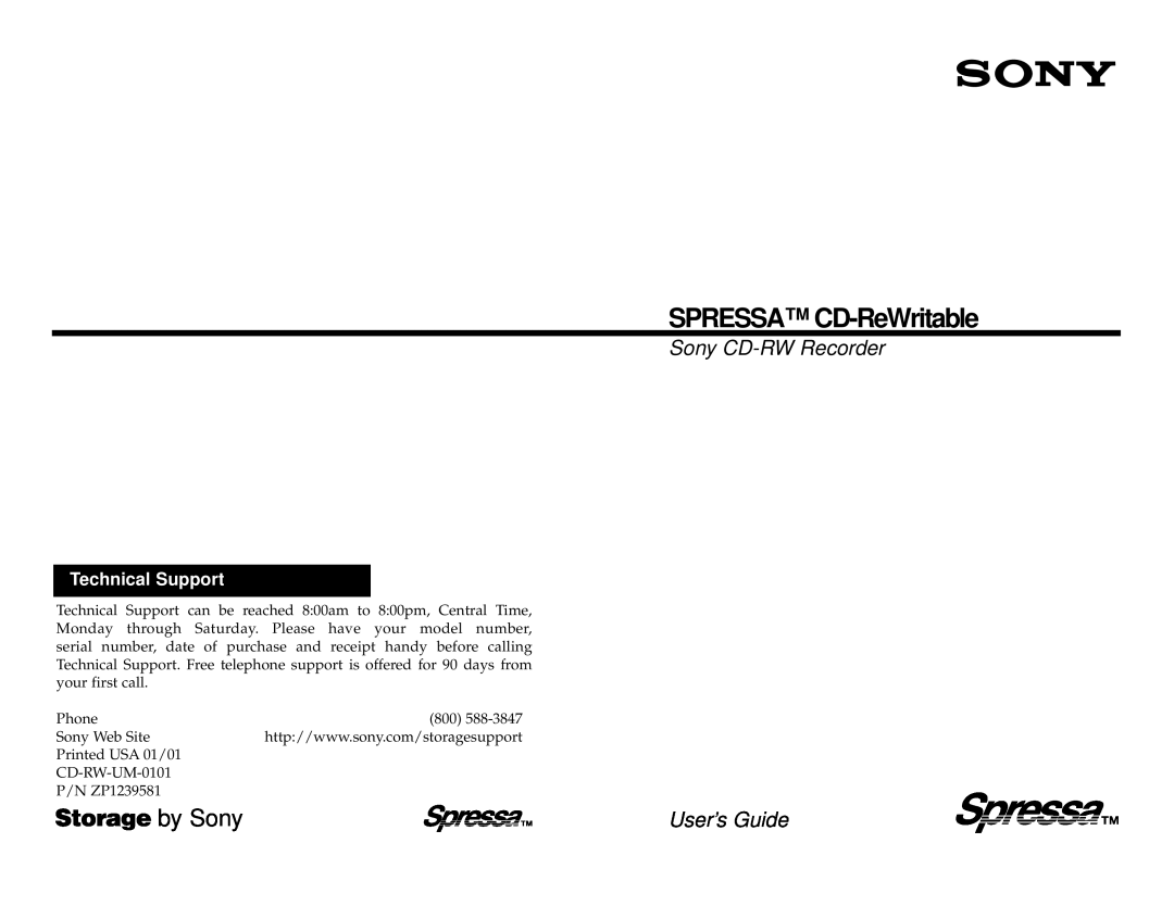 Sony CRX0811, CRX140E manual SPRESSA CD-ReWritable, Storage by Sony, Sony CD-RWRecorder User’s Guide, Technical Support 