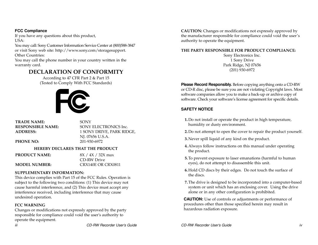 Sony CRX0811, CRX140E manual Declaration Of Conformity, FCC Compliance, Safety Notice 