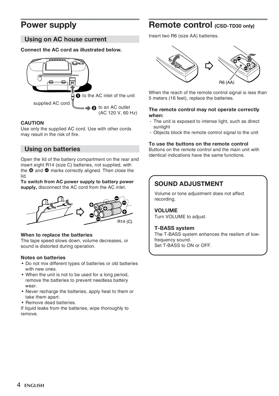 Sony CSD-TD30, CSD-TD10 manual Using on AC house current, Using on batteries, Sound Adjustment, Bass system 