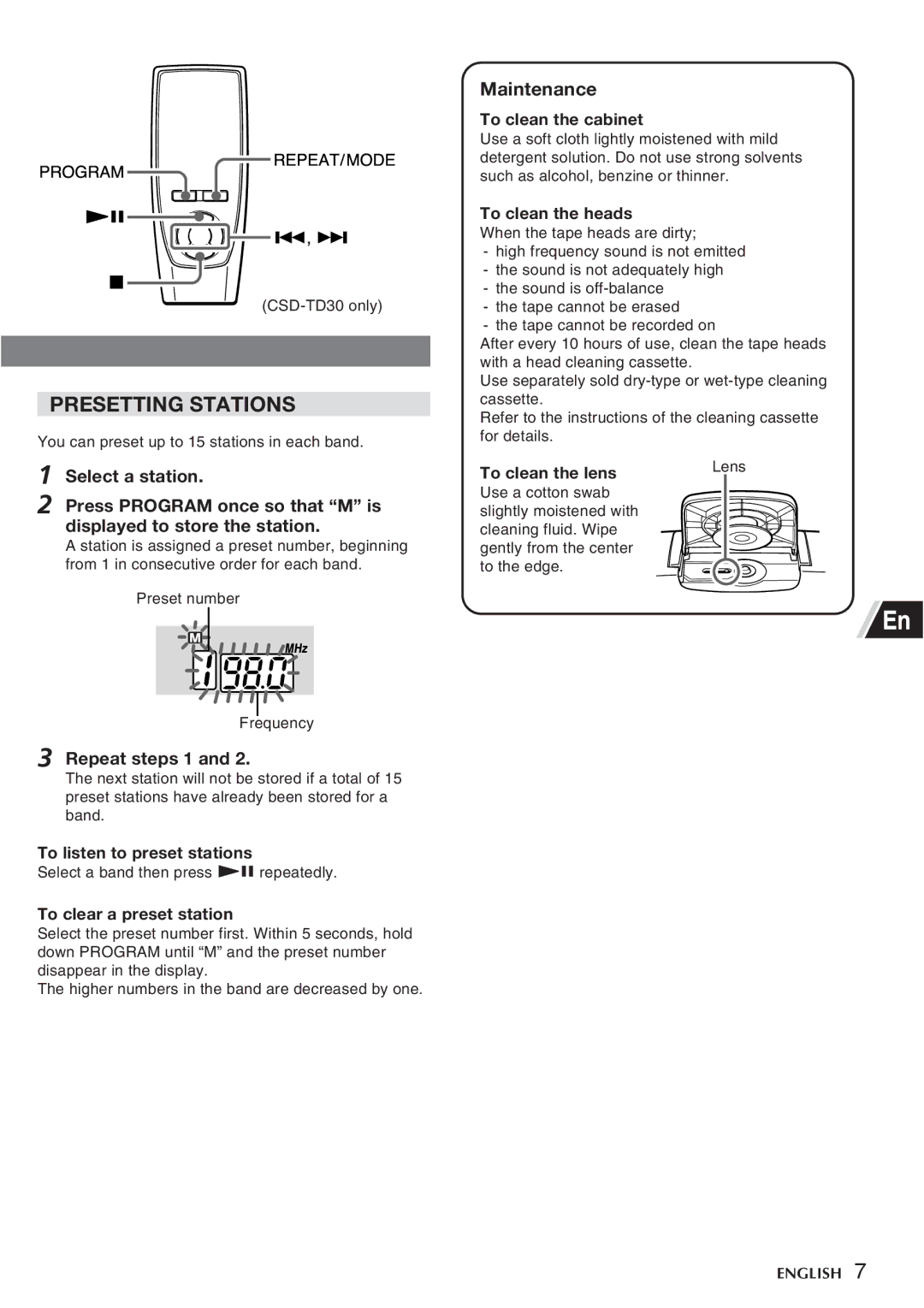 Sony CSD-TD10, CSD-TD30 manual Presetting Stations, Repeat steps 1, Maintenance 