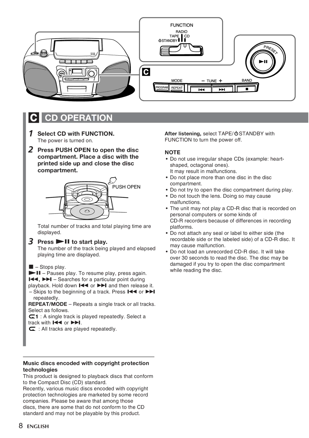 Sony CSD-TD30, CSD-TD10 manual CD Operation, Select CD with Function, Press e to start play 