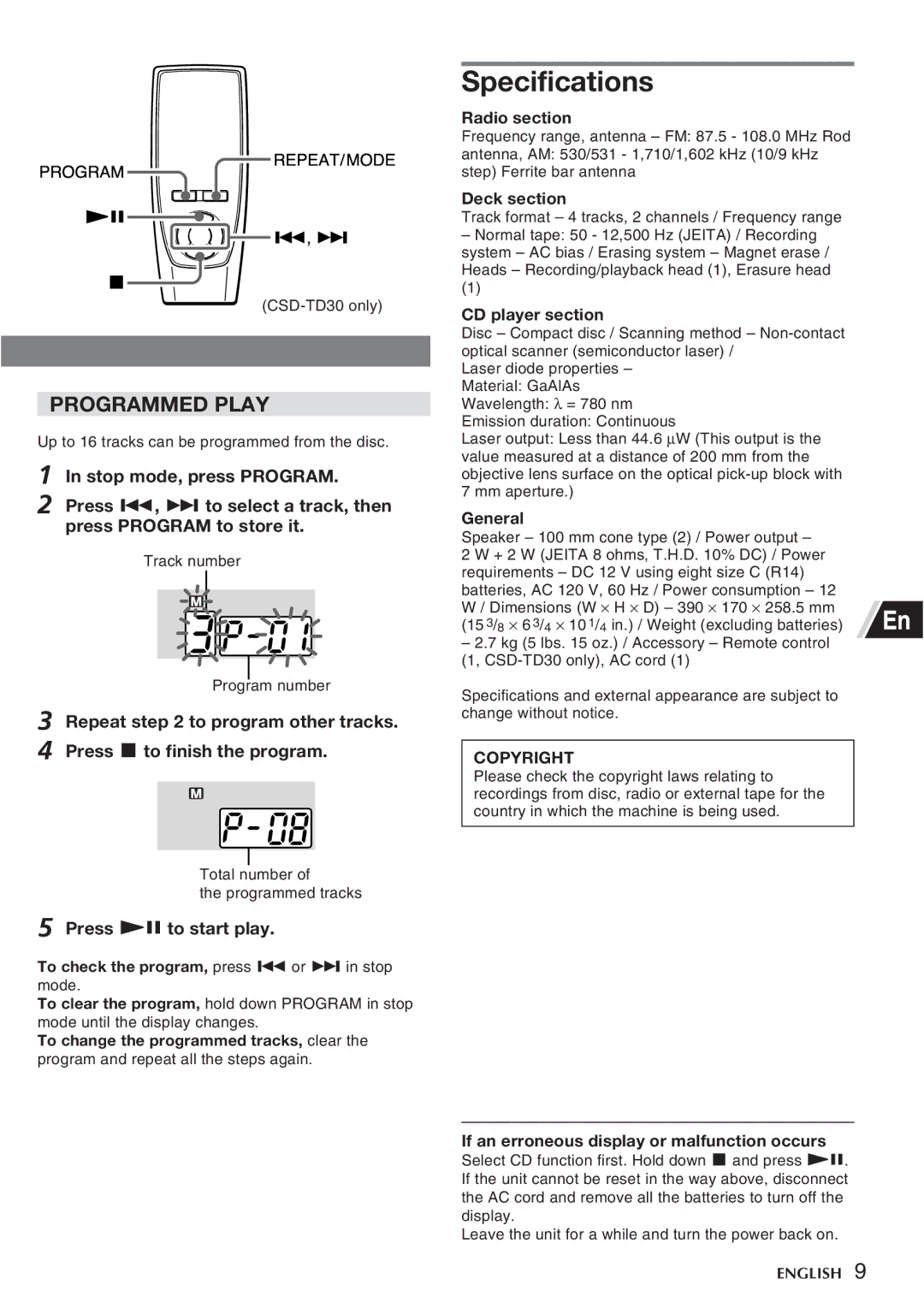 Sony CSD-TD10, CSD-TD30 Programmed Play, Repeat to program other tracks Press sto finish the program, Press eto start play 