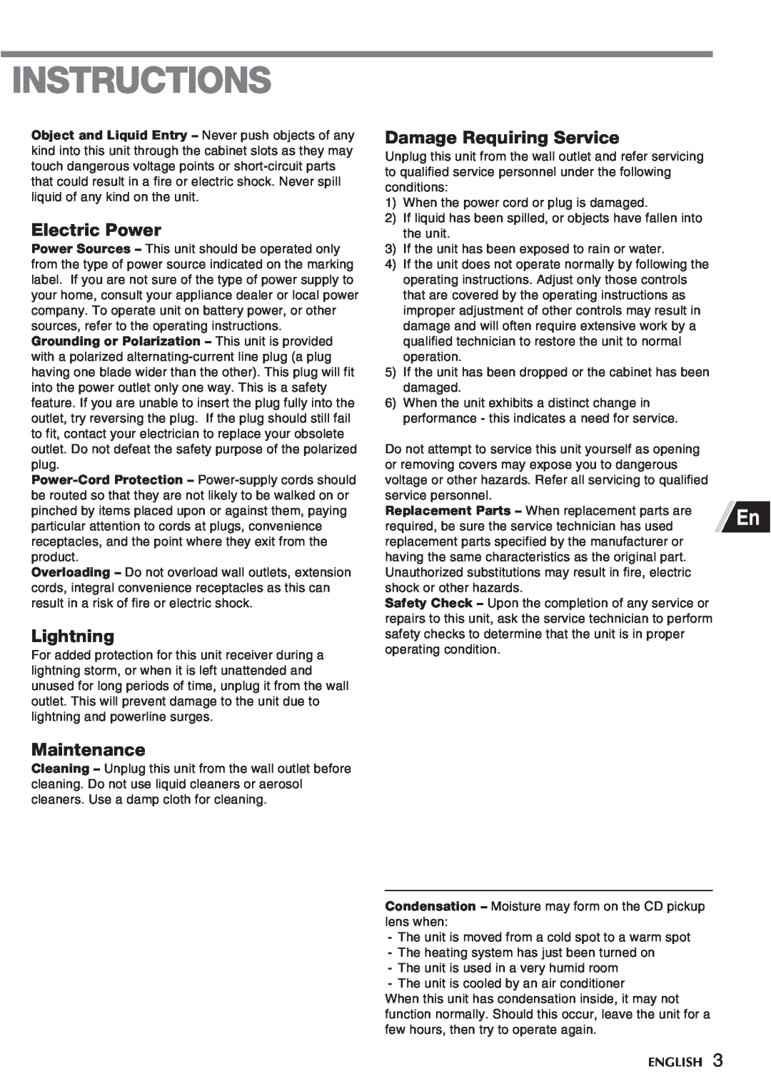 Sony CSD-TD10, CSD-TD30 manual Electric Power, Lightning, Damage Requiring Service, Maintenance, English, Instructions 