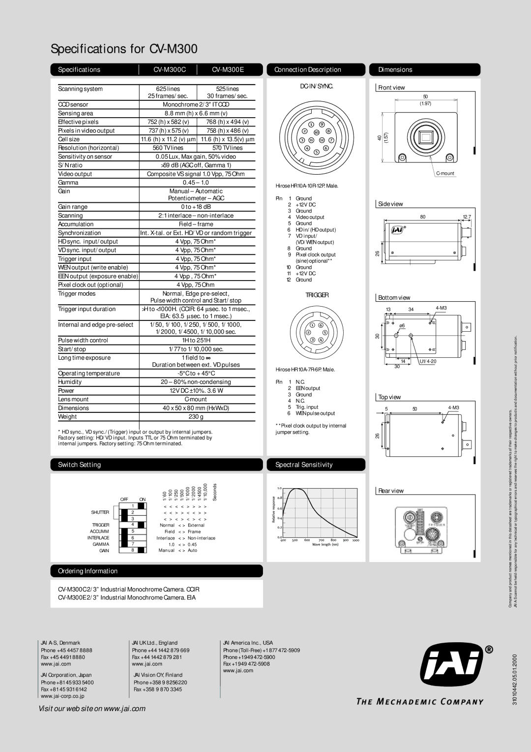 Sony manual Specifications CV-M300C, Connection Description, Dimensions, Switch Setting, Ordering Information 