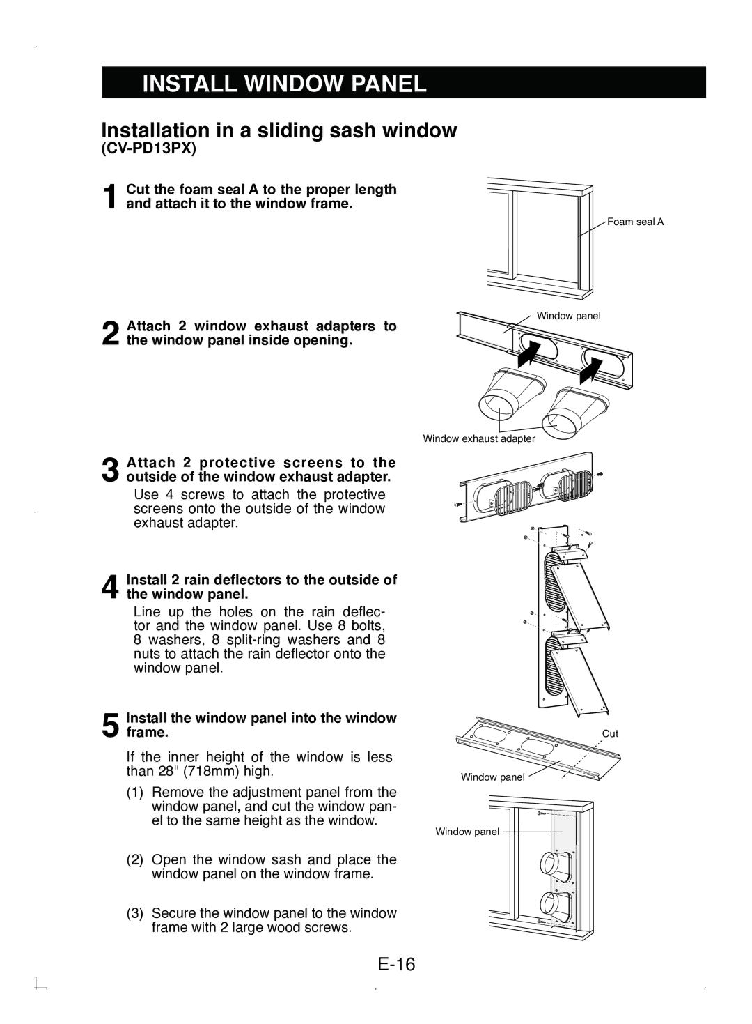 Sony CV-P12PX operation manual Foam seal a Window panel Window exhaust adapter Cut 