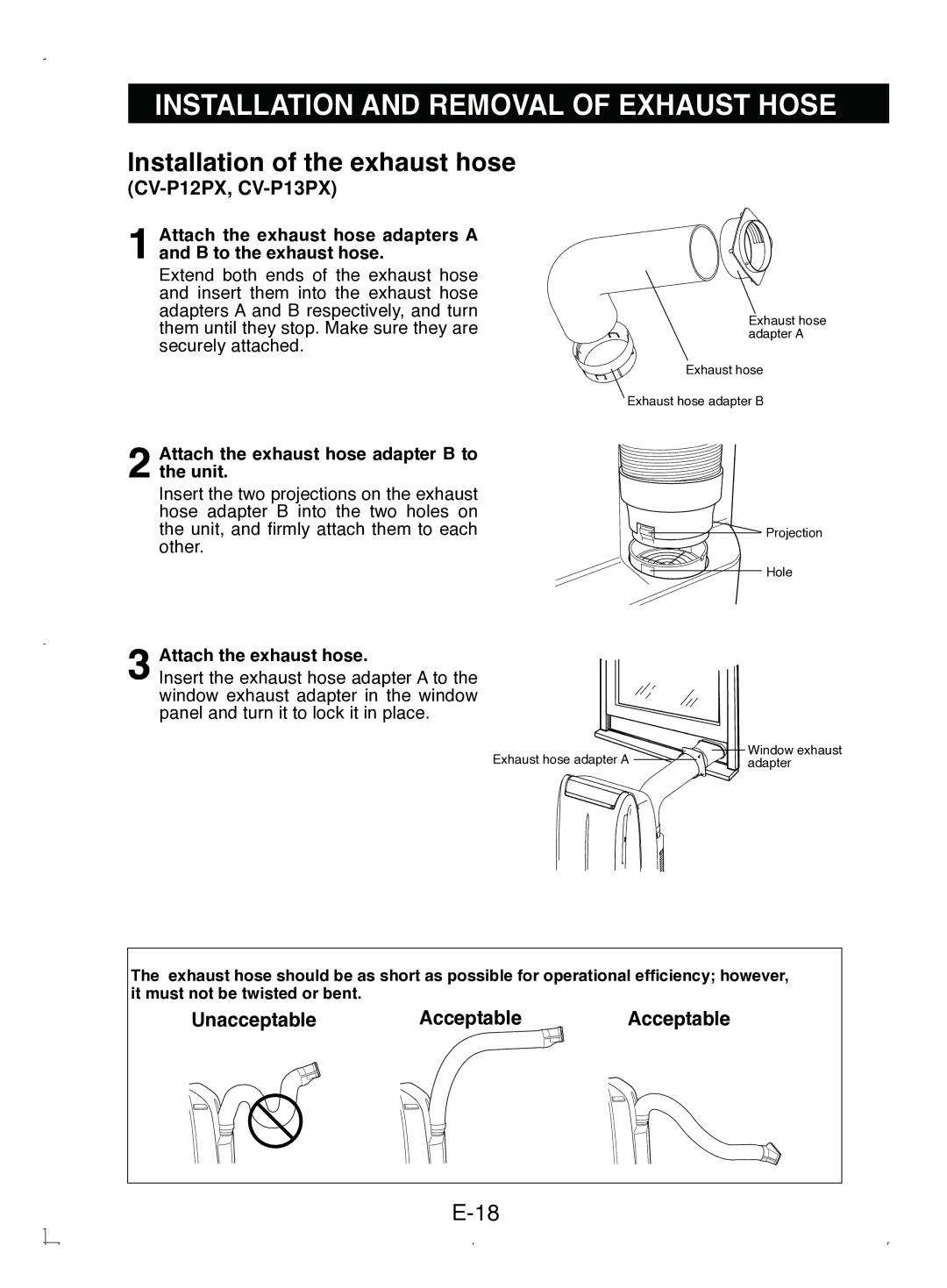 Sony CV-P12PX operation manual Installation and Removal of Exhaust Hose, Attach the exhaust hose adapter B to the unit 