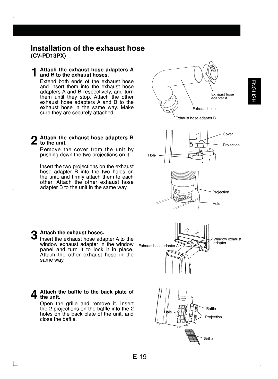 Sony CV-P12PX operation manual Attach the exhaust hose adapters B, To the unit, Attach the exhaust hoses 