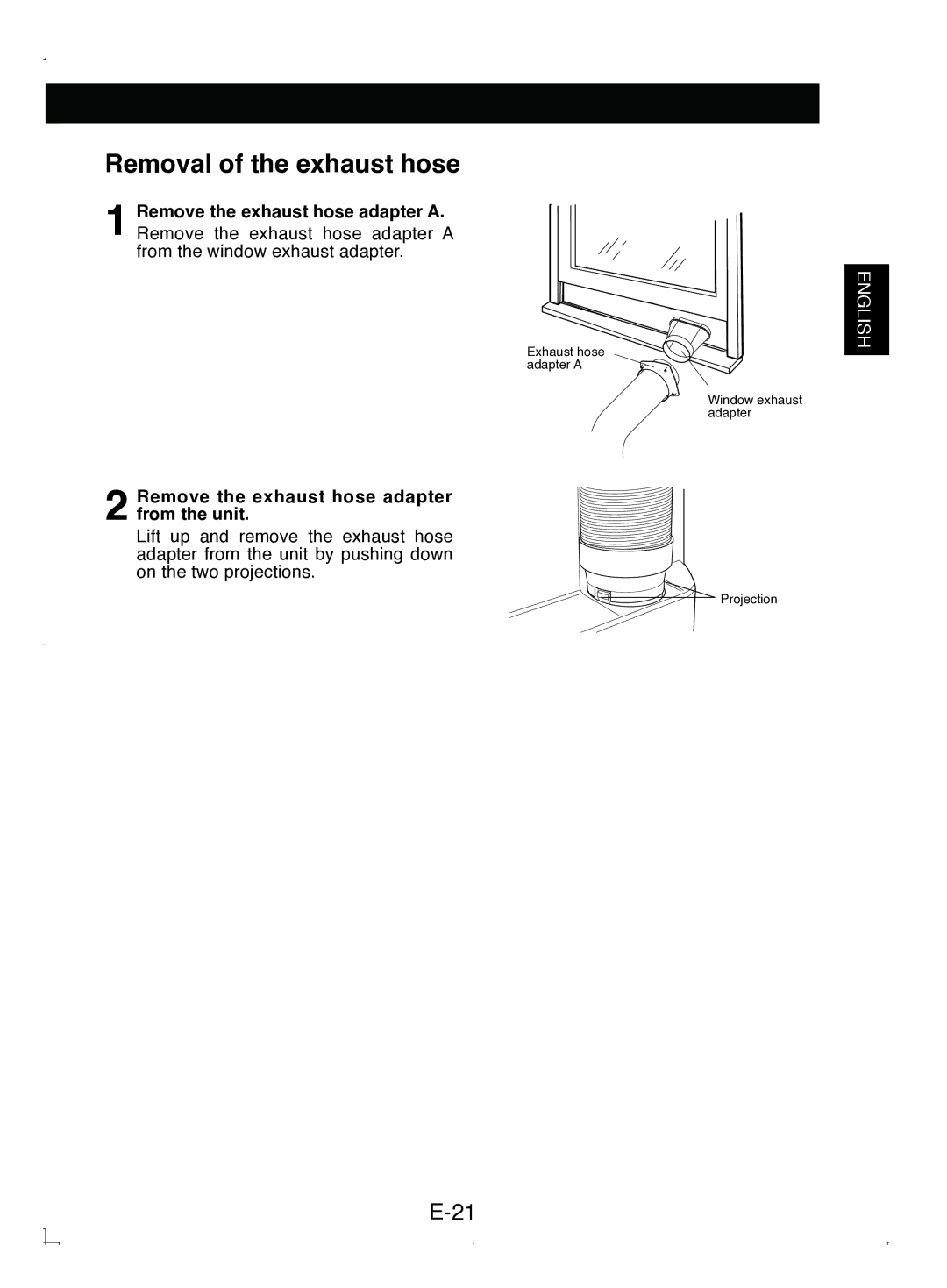 Sony CV-P12PX operation manual Removal of the exhaust hose, Remove the exhaust hose adapter from the unit 