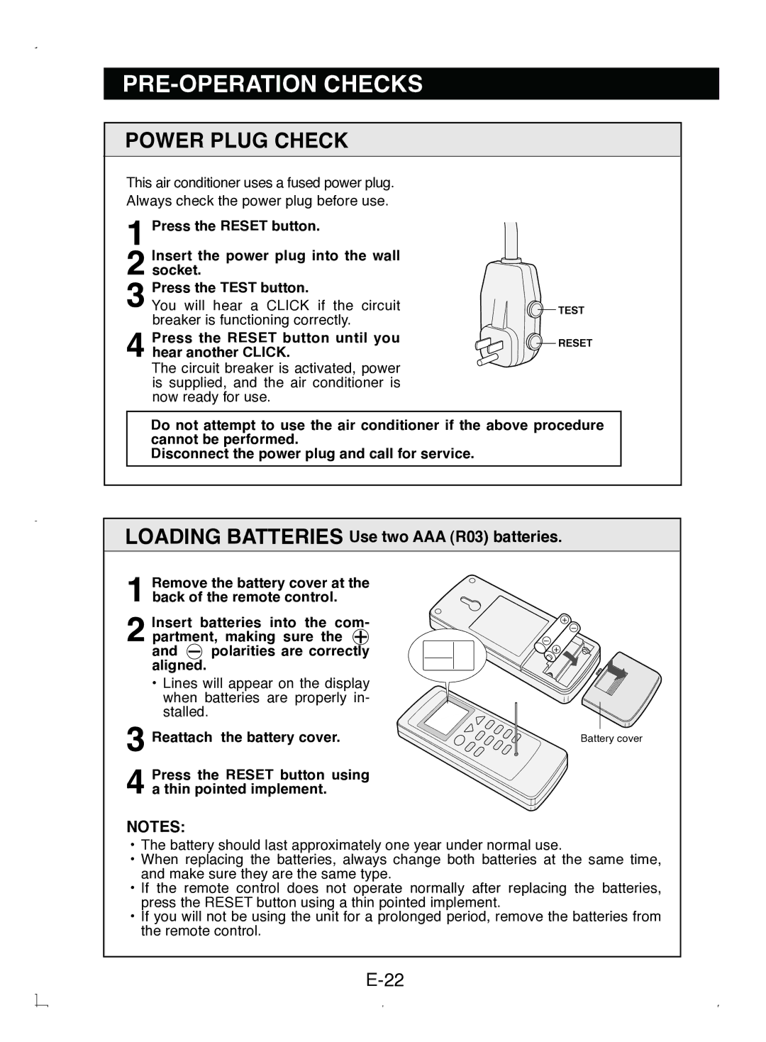 Sony CV-P12PX operation manual PRE-OPERATION Checks, Power Plug Check, Press the Reset button until you hear another Click 