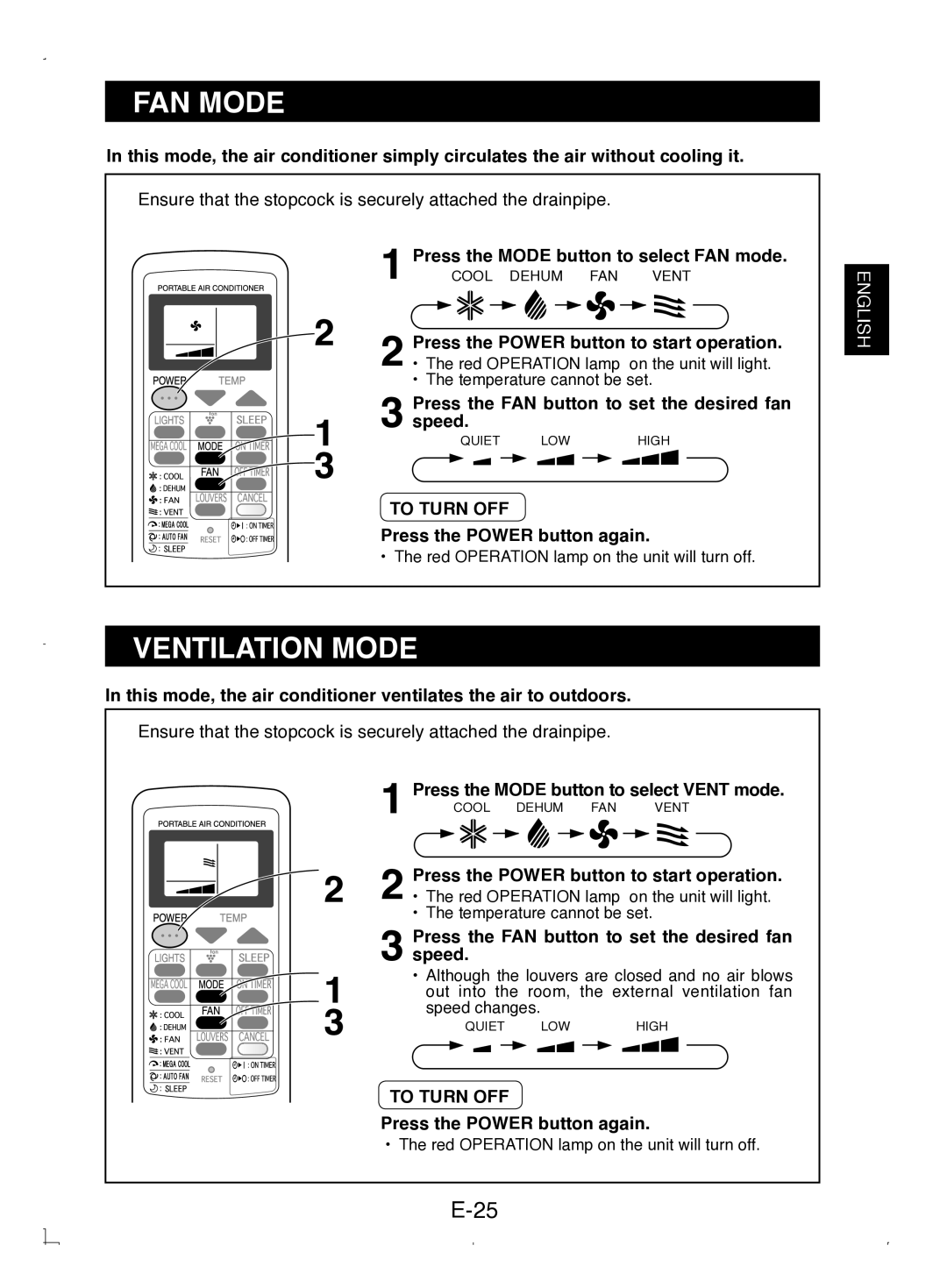 Sony CV-P12PX operation manual FAN Mode, Ventilation Mode 