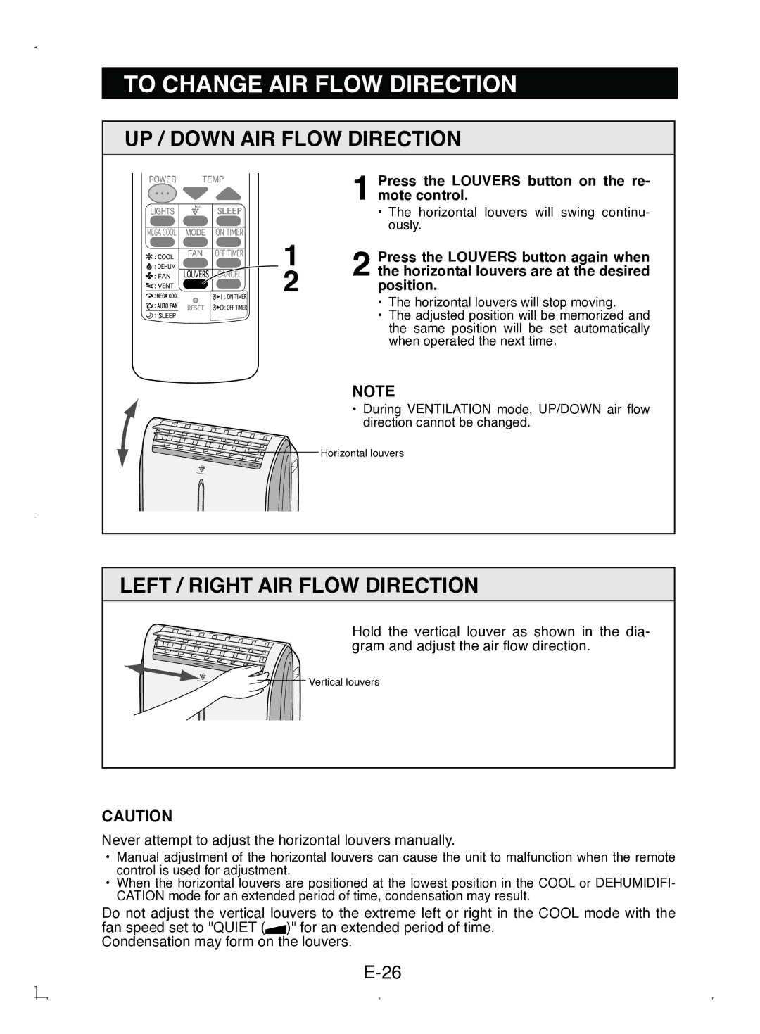 Sony CV-P12PX operation manual To Change AIR Flow Direction, UP / Down AIR Flow Direction, Left / Right AIR Flow Direction 