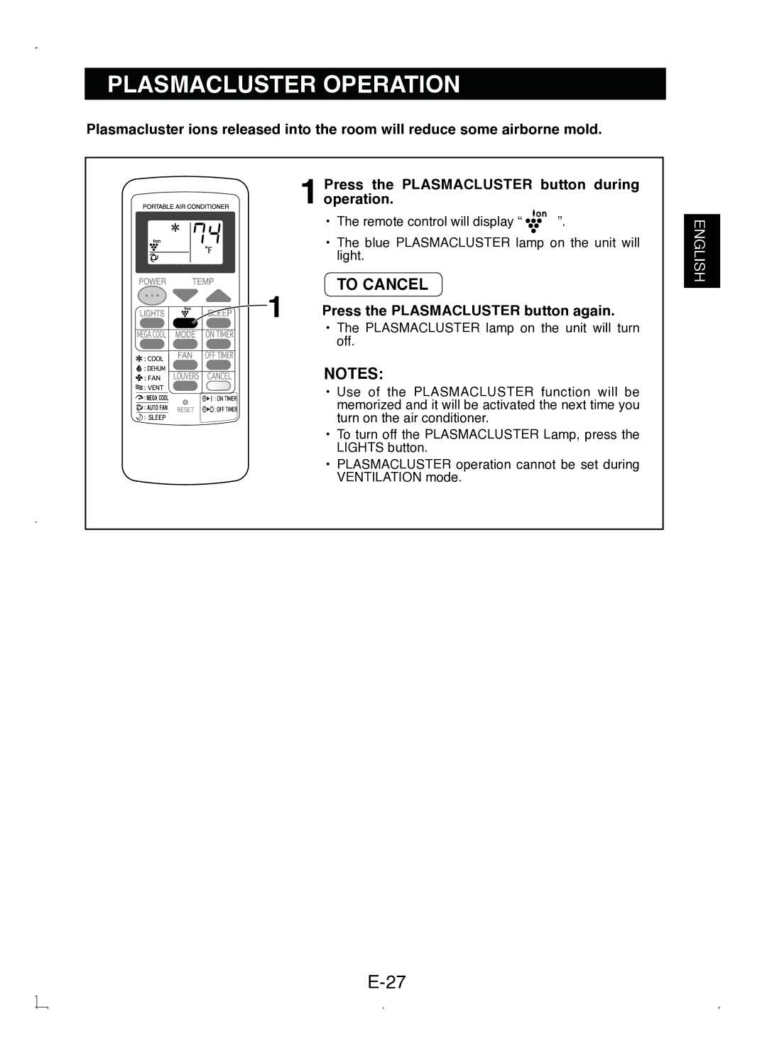 Sony CV-P12PX operation manual Plasmacluster Operation, Press the Plasmacluster button again 