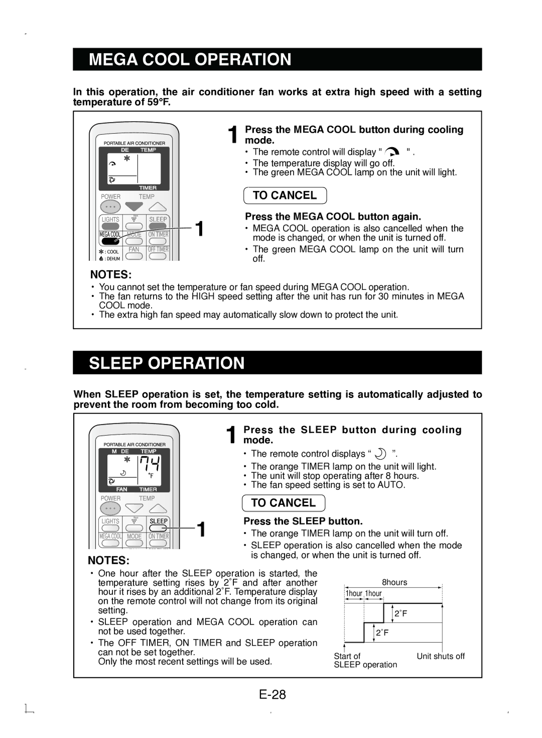 Sony CV-P12PX Mega Cool Operation, Sleep Operation, Press the Mega Cool button again, Press the Sleep button 