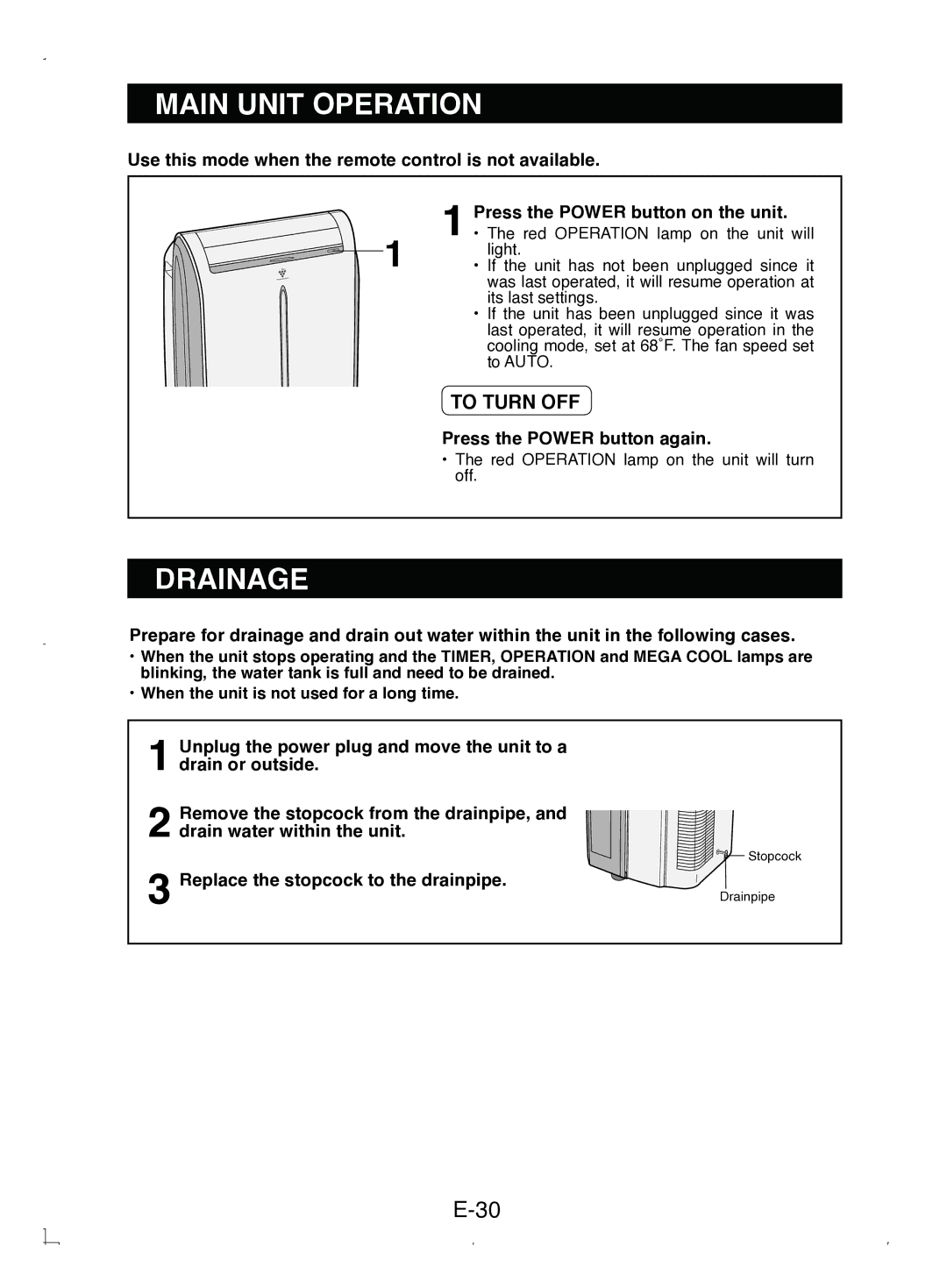 Sony CV-P12PX operation manual Main Unit Operation, Drainage, Replace the stopcock to the drainpipe 