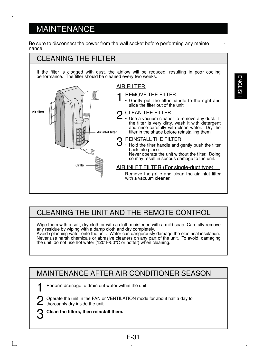 Sony CV-P12PX operation manual Maintenance, Cleaning the Filter, Cleaning the Unit and the Remote Control 