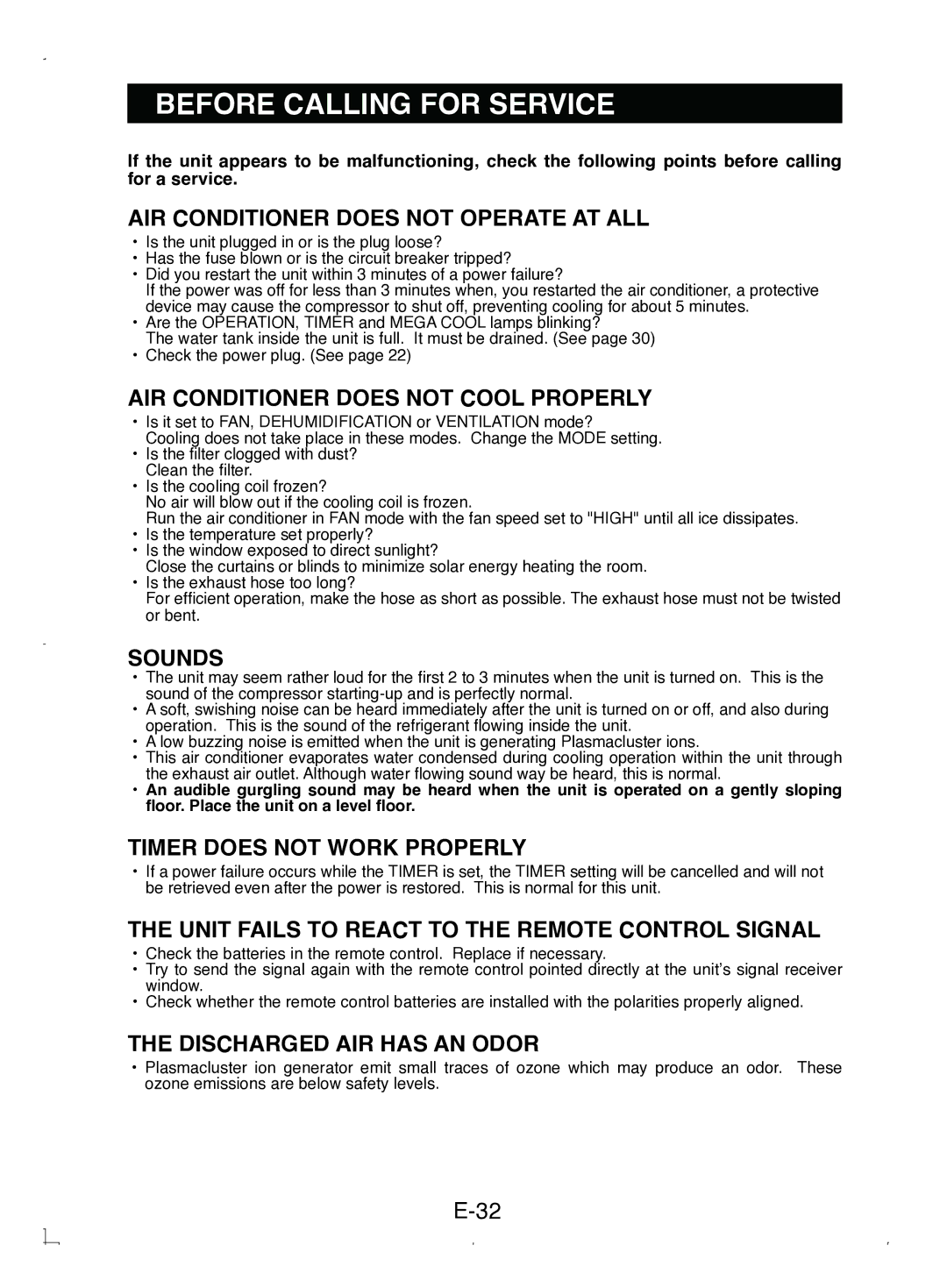 Sony CV-P12PX operation manual Before Calling for Service, AIR Conditioner does not Operate AT ALL 