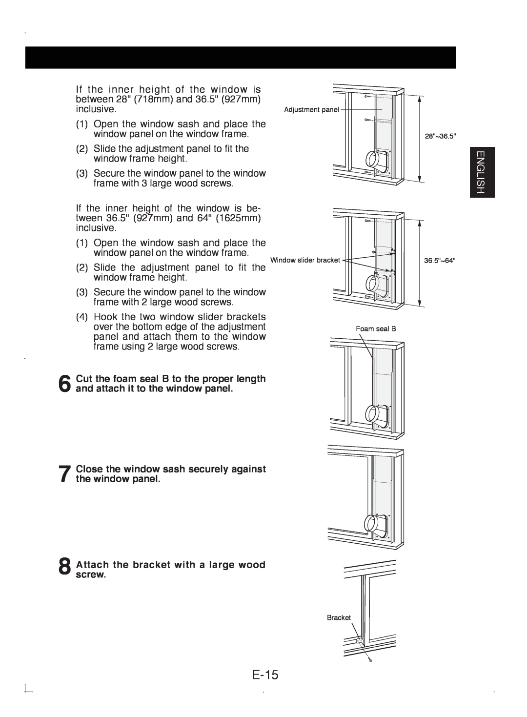 Sony CV-P12PX E-15, English, Adjustment panel Window slider bracket, Foam seal B, 28~36.5, 36.5~64, Bracket 