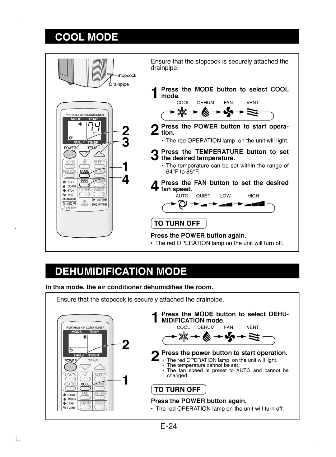 Sony CV-P12PX operation manual Cool Mode, Dehumidification Mode, E-24, To Turn Off 