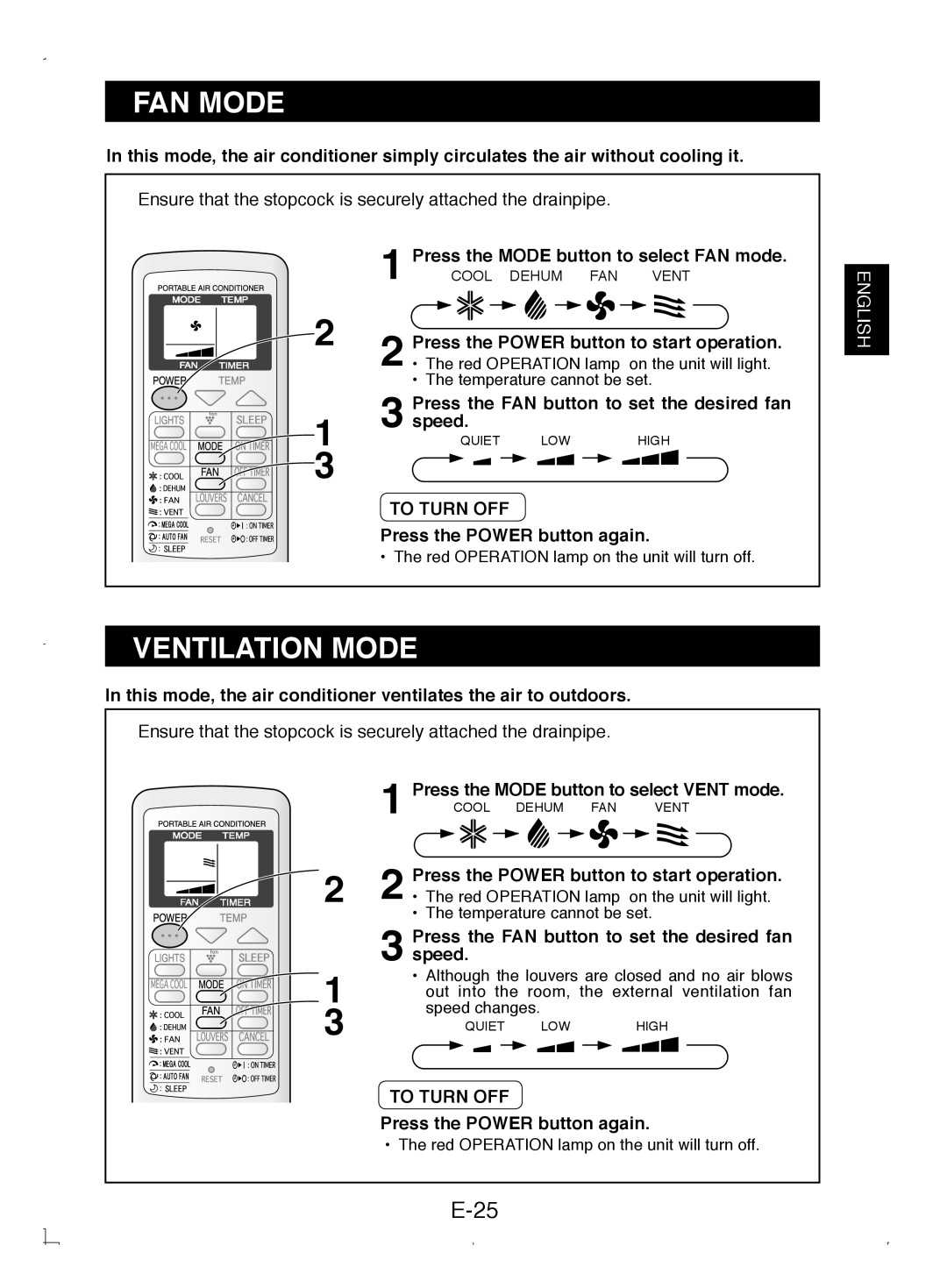 Sony CV-P12PX operation manual Fan Mode, Ventilation Mode, E-25 