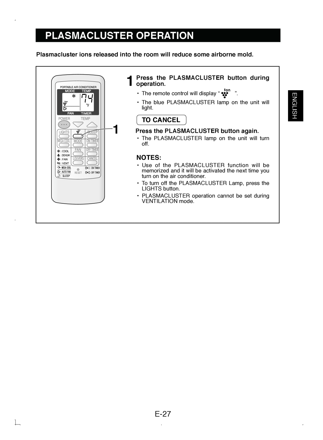 Sony CV-P12PX operation manual Plasmacluster Operation, E-27, To Cancel, English 