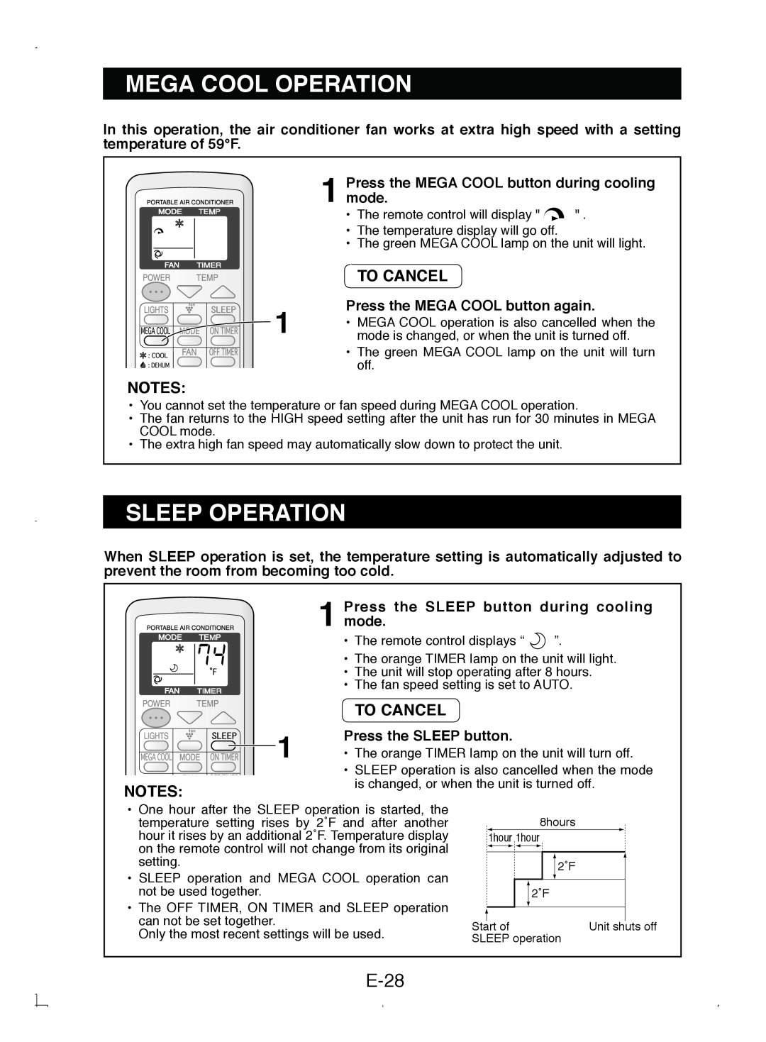 Sony CV-P12PX operation manual Mega Cool Operation, Sleep Operation, E-28, To Cancel 