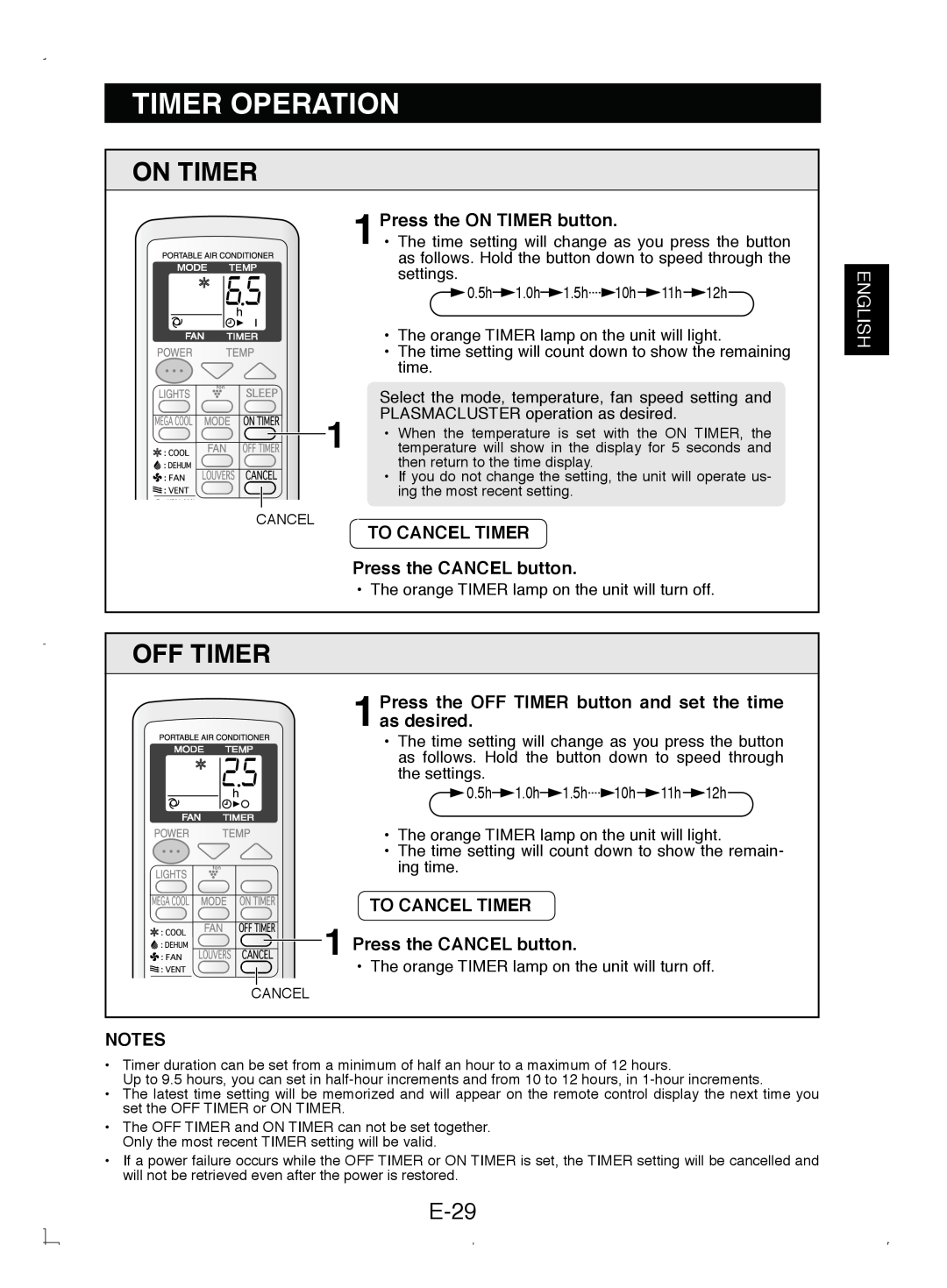 Sony CV-P12PX operation manual Timer Operation, On Timer, Off Timer, E-29, 1.0h, 1.5h, 0.5h 