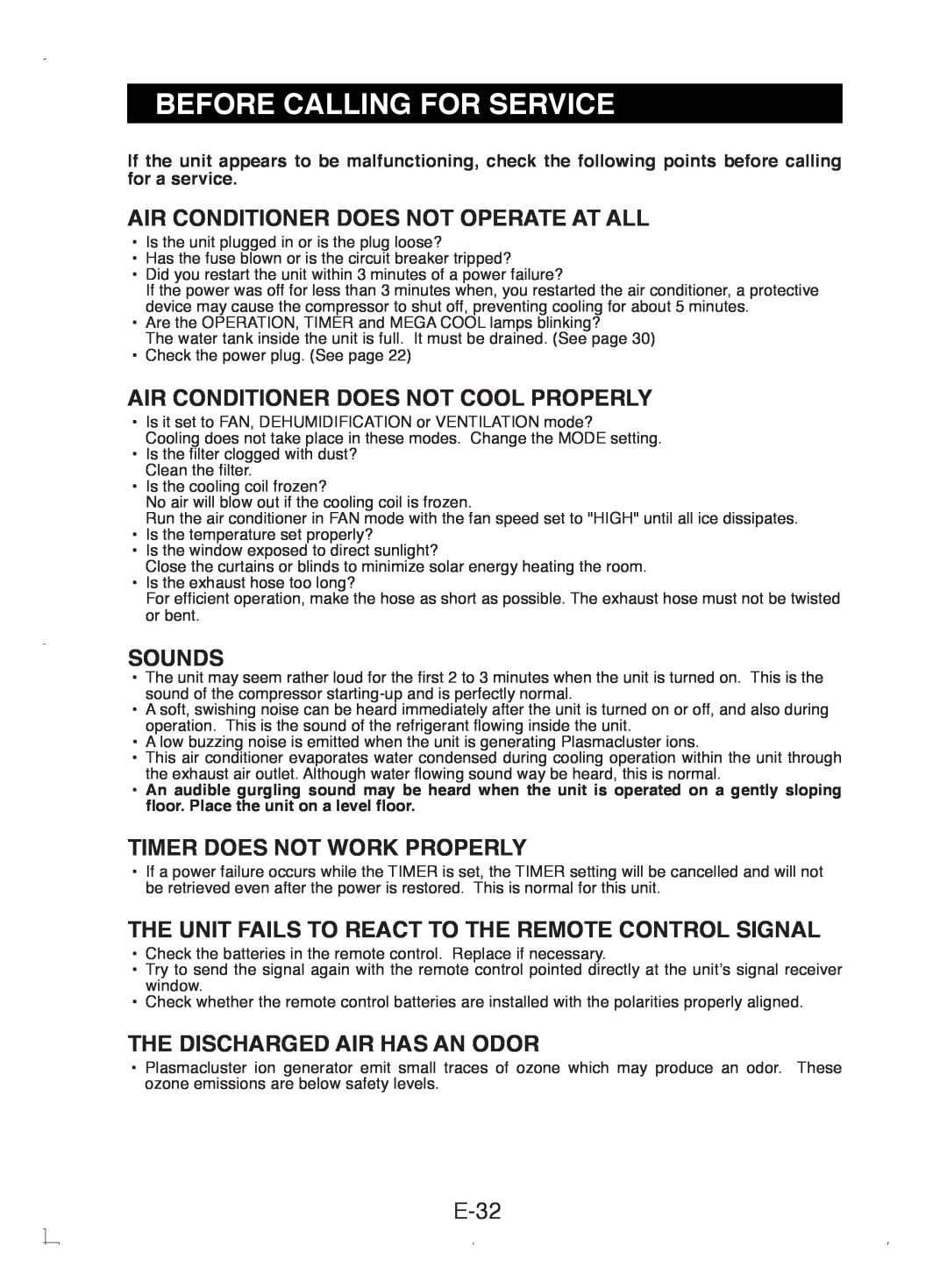 Sony CV-P12PX operation manual Before Calling For Service, E-32, Air Conditioner Does Not Operate At All, Sounds 