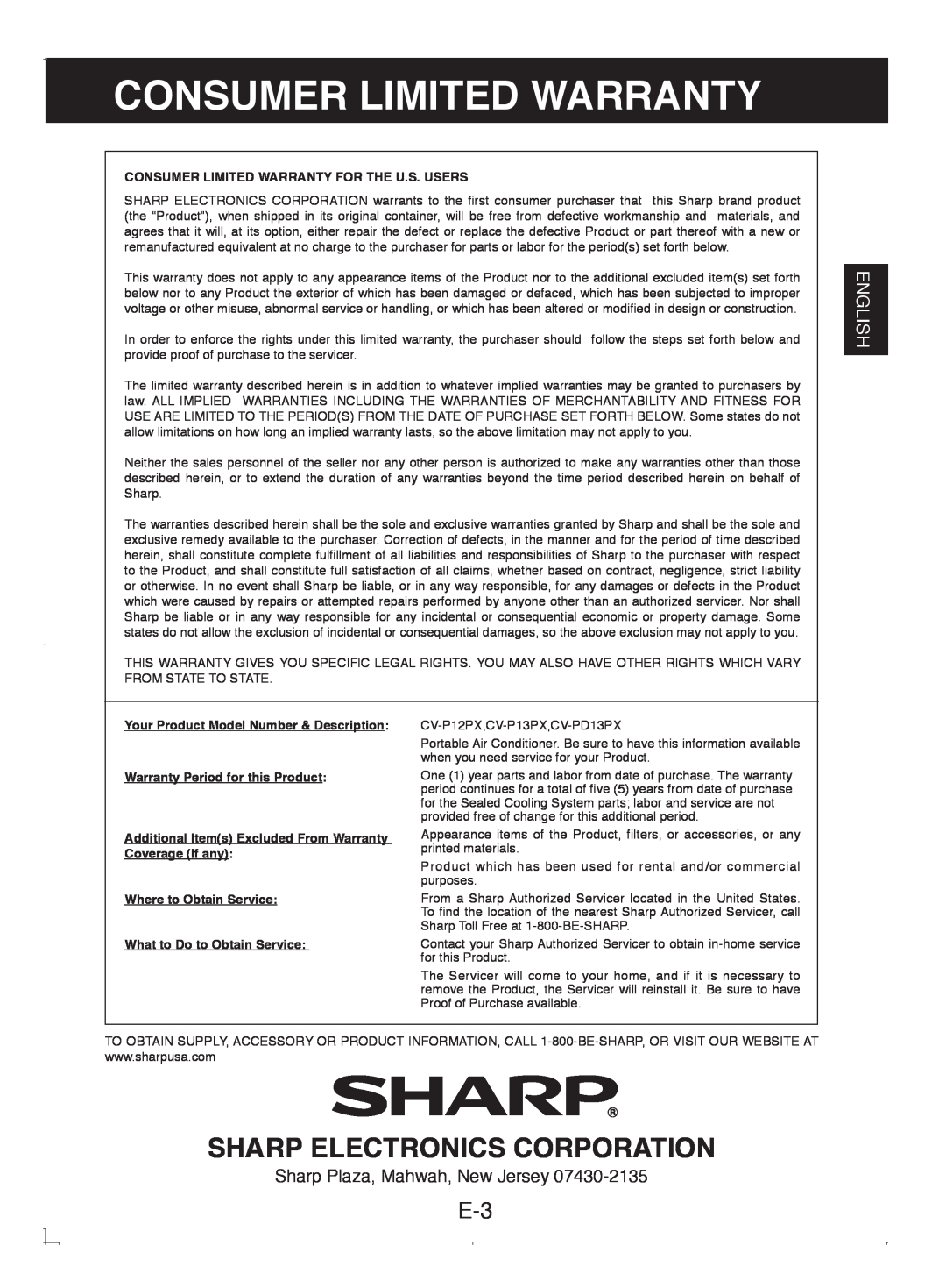 Sony CV-P12PX operation manual Consumer Limited Warranty, Sharp Electronics Corporation, English 