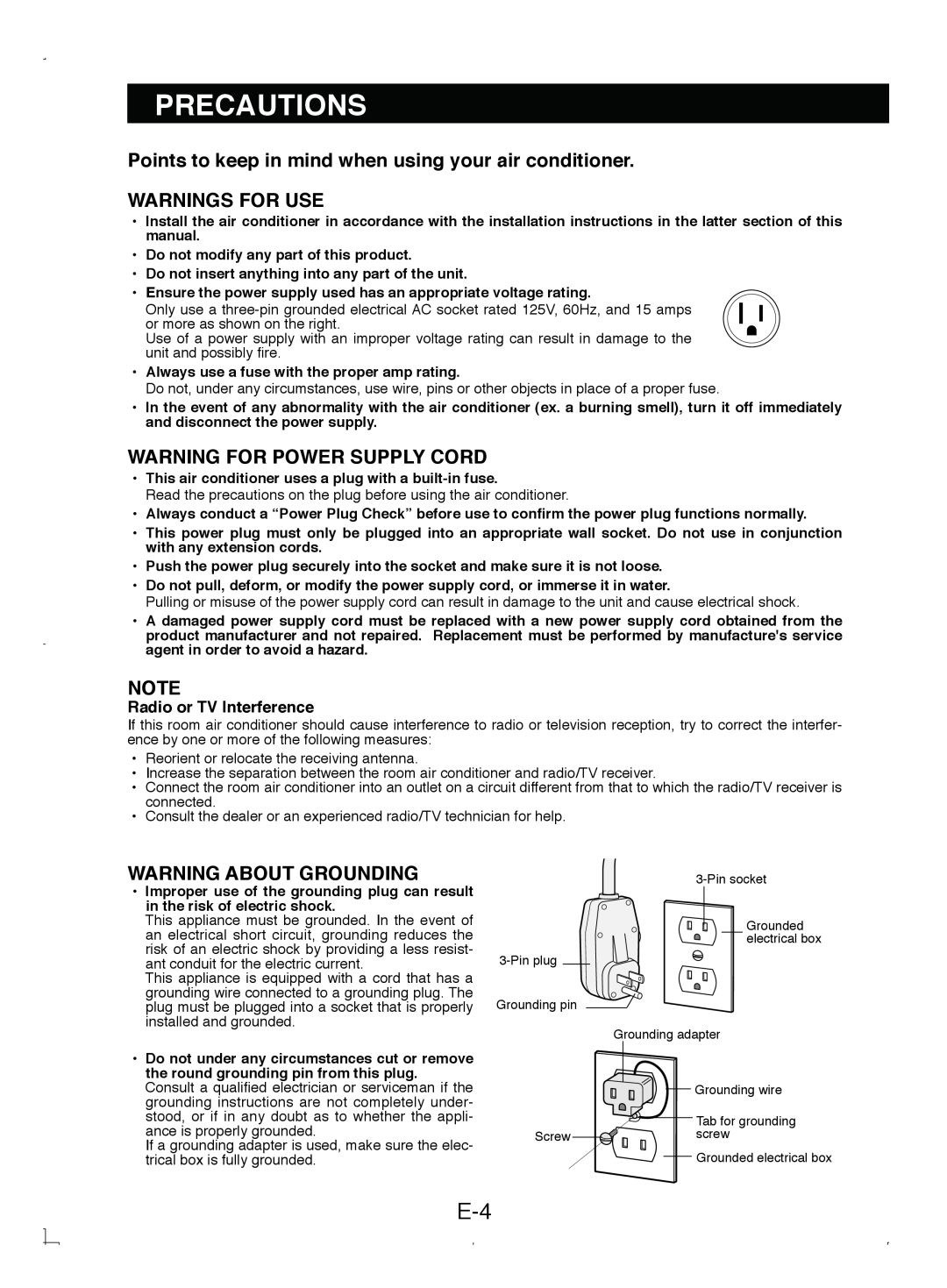 Sony CV-P12PX operation manual Precautions, Warnings For Use, Warning For Power Supply Cord, Warning About Grounding 