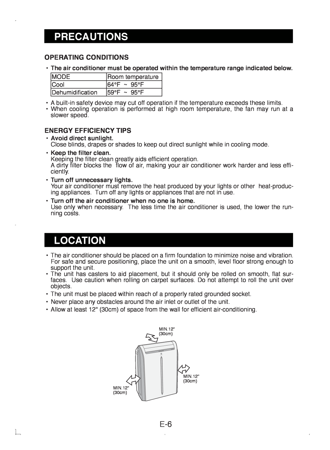 Sony CV-P12PX operation manual Location, Operating Conditions, Energy Efficiency Tips, Precautions 