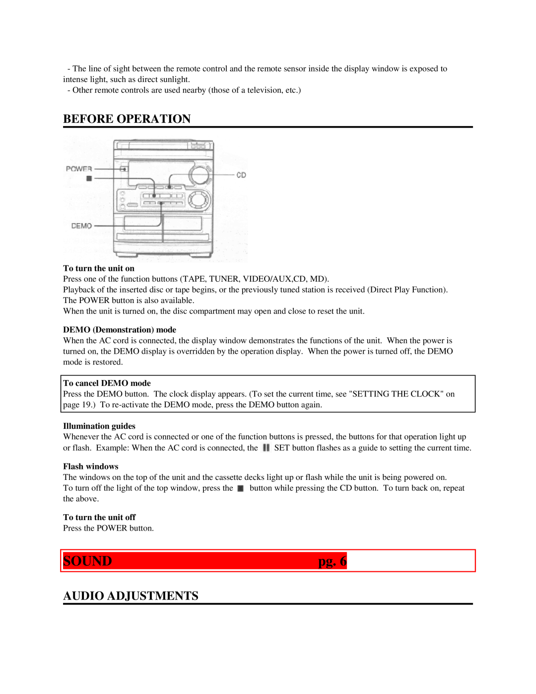 Sony CX-NA50 Sound, Before Operation, Audio Adjustments, To turn the unit on, DEMO Demonstration mode, To cancel DEMO mode 