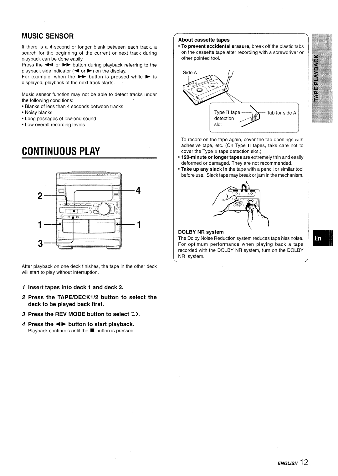 Sony CX-NMT90 manual Continuous Play, About cassette tapes 