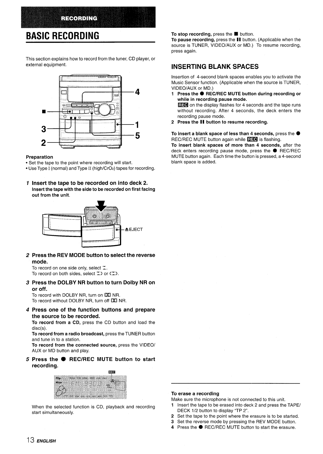 Sony CX-NMT90 manual Basic Recording, Inserting Blank Spaces, Press the Dolby NR button to turn Dolby NR on or off 