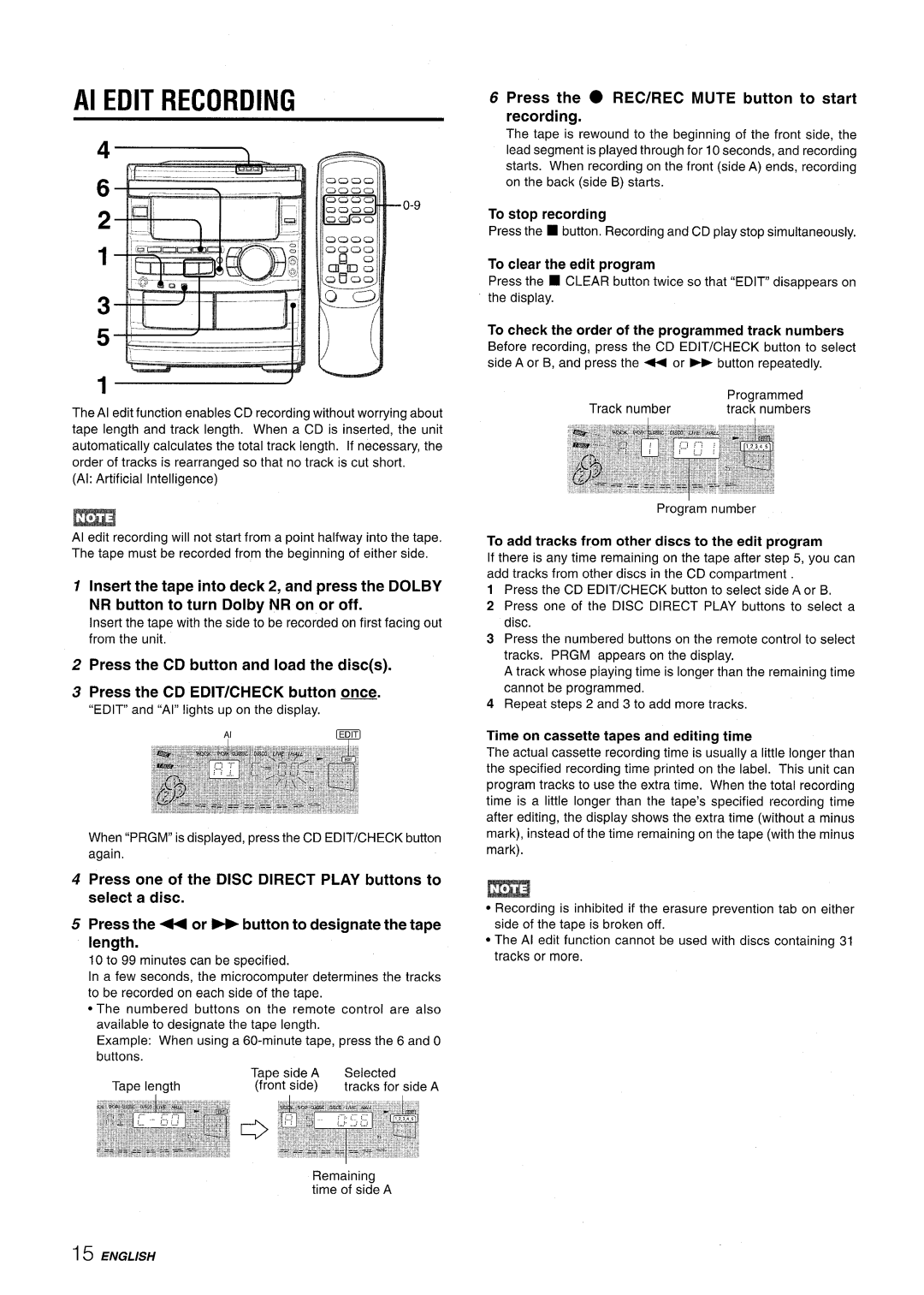 Sony CX-NMT90 manual To stop recording, To add tracks from other discs to the edit program 