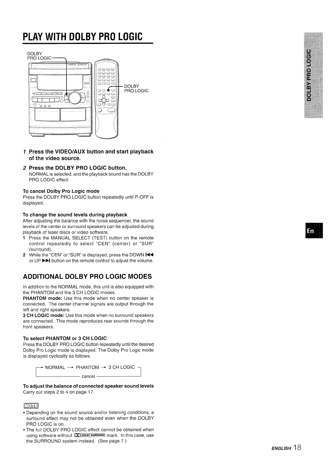 Sony CX-NMT90 manual Play with Dolby PRO Logic, Additional Dolby PRO Logic Modes 