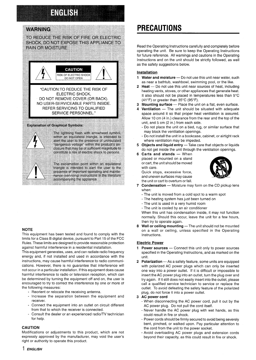 Sony CX-NMT90 manual Precautions, Installation, Electric Power, AC power cord 