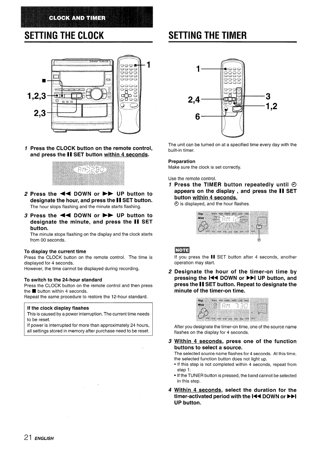 Sony CX-NMT90 manual Setting the Clock Setting the Timer, To display the current time, To switch to the 24-hour standard 