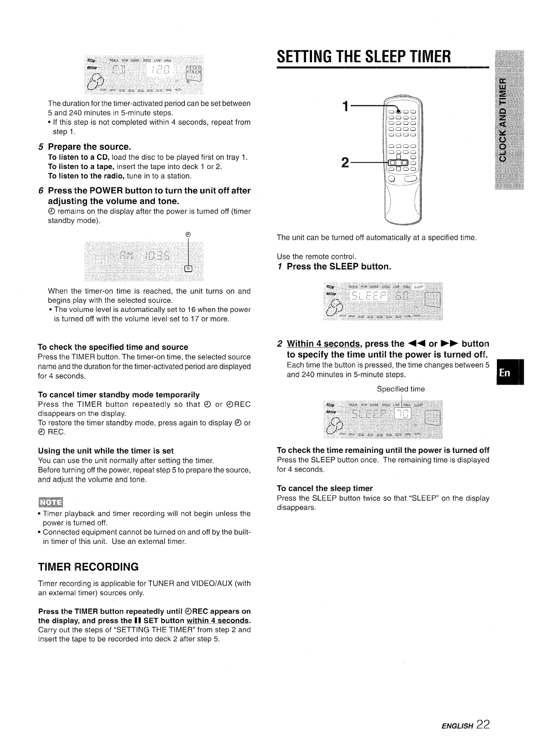 Sony CX-NMT90 manual Setting the Sleep Timer, Timer Recording, Prepare the source, Press the Sleep button 