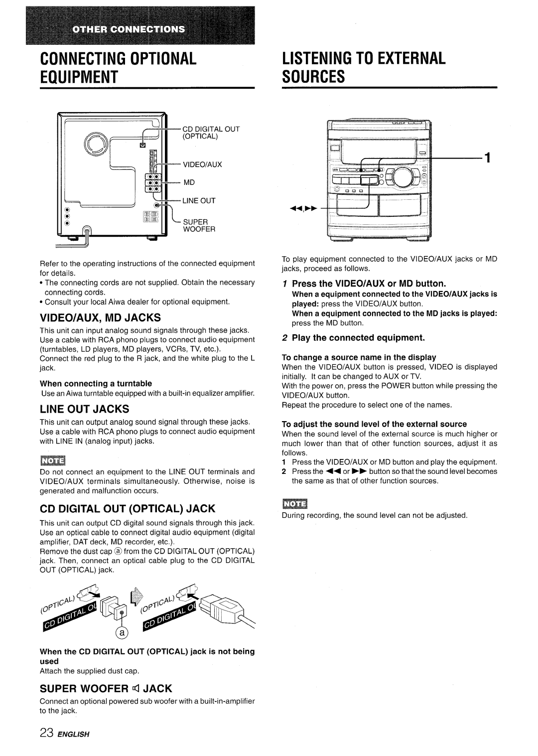 Sony CX-NMT90 manual Connecting Optional Equipment, Listening to External Sources, VIDEO/AUX, MD Jacks, Line OUT Jacks 