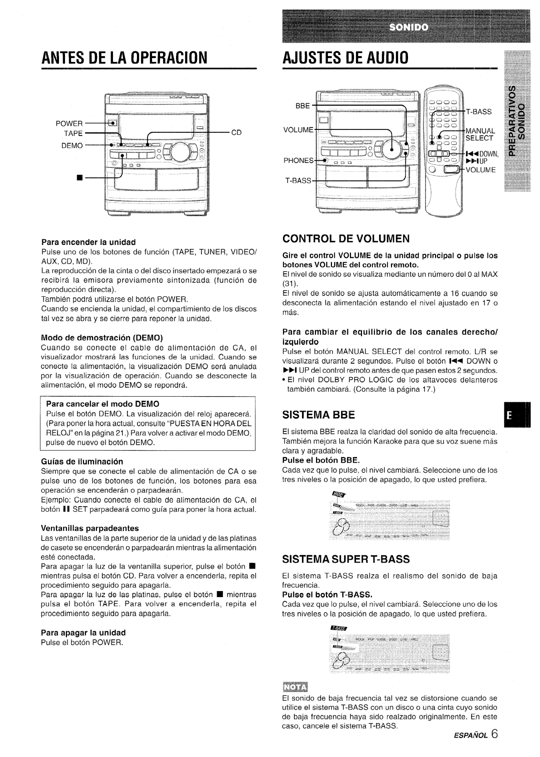 Sony CX-NMT90 manual Antes DE LA Operacion, Ajustes DE Audio, Control DE Volumen, Sistema Bbie, Sistema Super T-BASS 