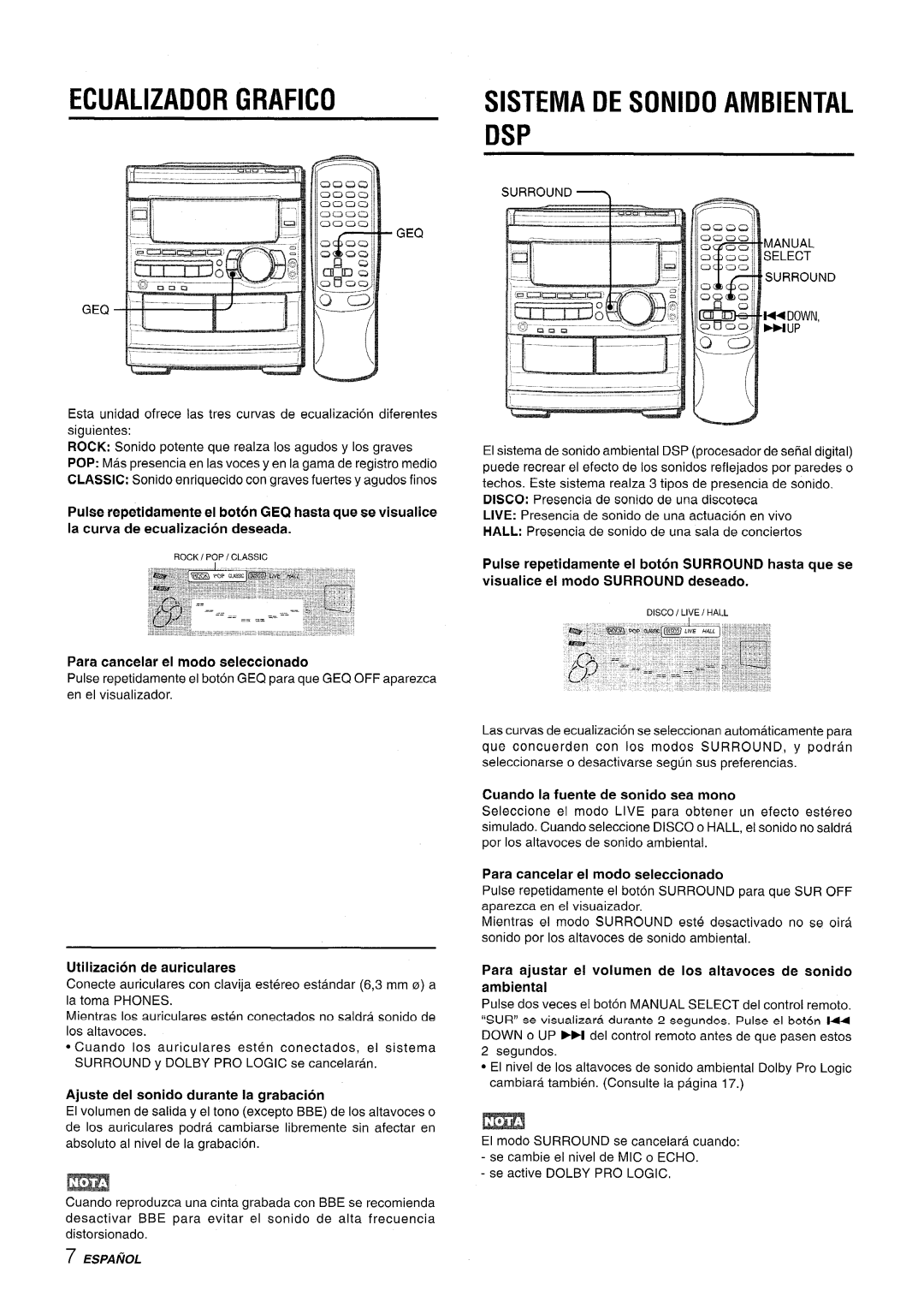 Sony CX-NMT90 manual Ecualizador Grafico, Sistema DE Sonido Ambiental DSP 